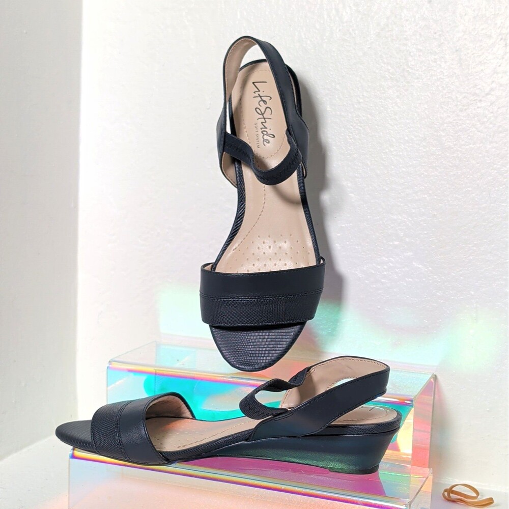 LifeStride Womenβs Blue Leather Strappy Wedge Sandals Ankle Strap US 6